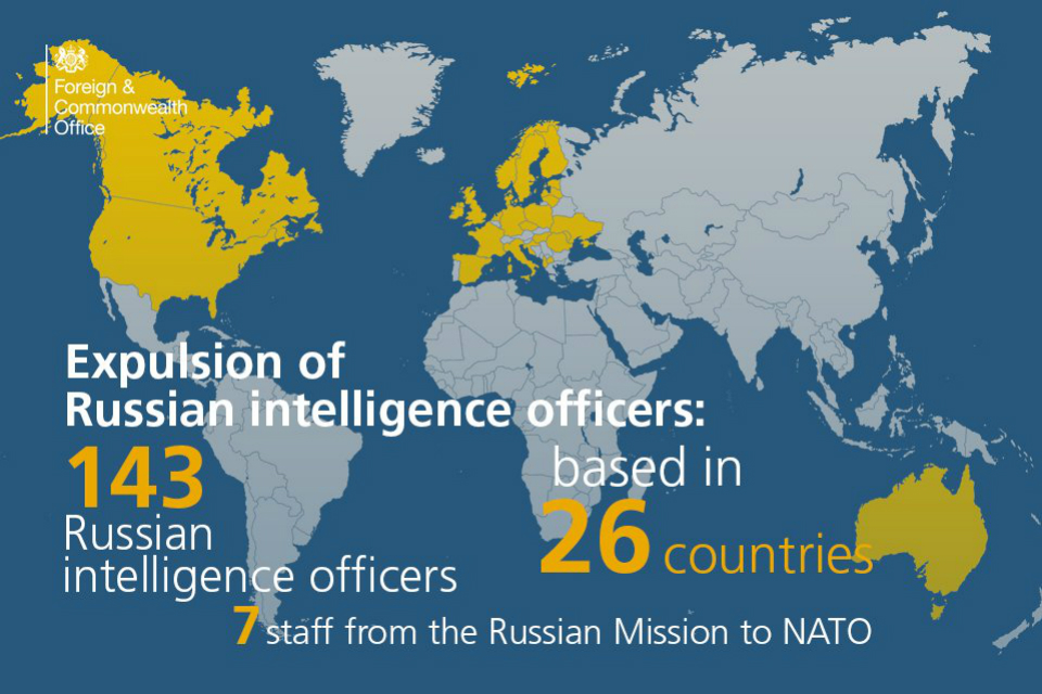 Map showing the 26 countries that have expelled 143 Russian intelligence officers and 7 from the Russian mission to NATO