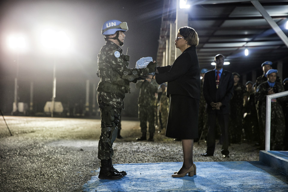 MINUSTAH peacekeepers hold a ceremony to mark the termination of their operations and the beginning of their withdrawal from Haiti, ahead of MINUSTAH’s closing on 15 October 2017. (UN Photo/Logan Abassi)
