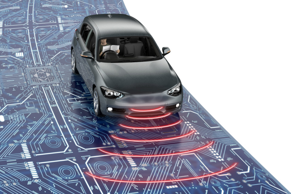 Detail from report front cover. Illustration of a self driving car (credit: posteriori/iStock - ID579419740).
