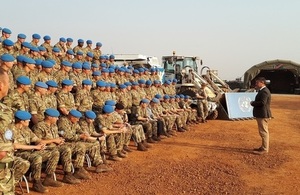 The Minister for Armed Forces, Mark Lancaster, addresses members of the UK Task Force who are building accommodation and helicopter landing sites for the UN Mission in South Sudan (UNMISS).