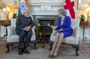 Prime Minister Theresa May and Prime Minister Narendra Modi of India inside 10 Downing Street.
