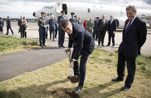 ‘Defence Secretary Gavin Williamson cut the first turf on a £132m facility for the UK’s new fleet of submarine hunting Poseidon Maritime Patrol Aircraft (MPA) at RAF Lossiemouth today. Crown copyright.’