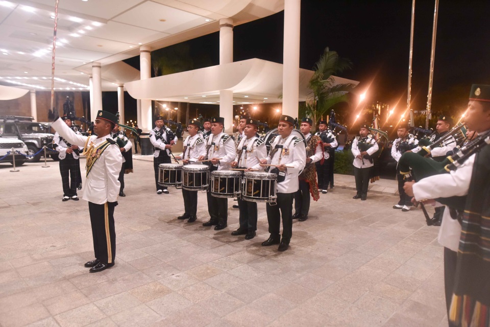 The combined Pipes and Drums of the 2nd Battalion, Royal Gurkha Rifles (British Forces Brunei) and the Royal Brunei Armed Forces