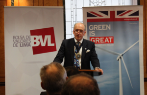 The Lord Mayor at the launch of a Guide to Green Bonds, financed by the British Embassy in Lima, to set up green bonds in Peru.