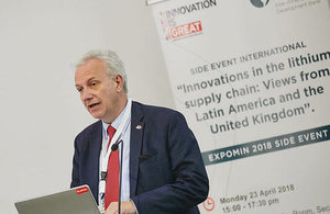 Picture of David Gardner, Director of the Department for International Trade at the British Embassy Santiago speaking at Expomin 2018.
