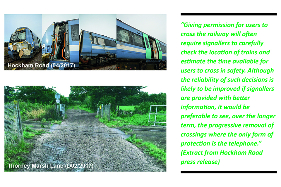 Damage to the cab of the train involved at  Hockham Road and the crossing at Thorney Marsh Lane. A quote from RAIB's press release is given in green text.