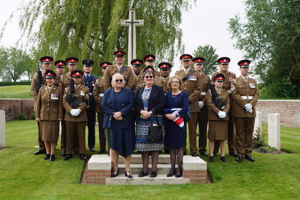 2nd Lt. Henderson’s great nieces (l to r) Judith Leyman, Sarah Foot and Lucy Cocup stand with the Royal Artillery Regiment and military representatives (Crown Copyright), all rights reserved