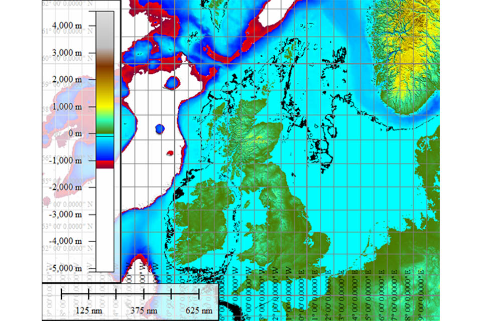 Map showing the depth of water surrounding UK.