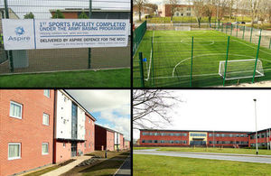 A collage of assets provided at Perham Down for the Army Basing Programme the image include a sports pitch, accommodation building and the regimental headquarters building.