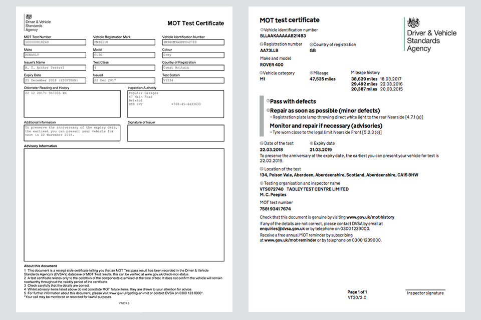 Old and new MOT certificate design