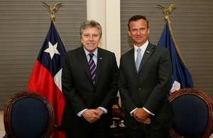 The Minister for Armed Forces, Mark Lancaster, stands alongside the Defence Minister of Chile, Alberto Espina, during an office call in the country's capital, Santiago.