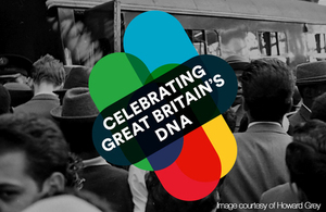 Black and white photo of Windrush arrivals with logo and text reading "Celebrating Great Britain's DNA"