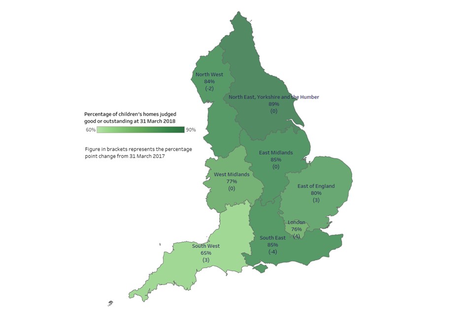 The map showing the percentage of children's homes judged good or outstanding in each region as at 31 March 2018