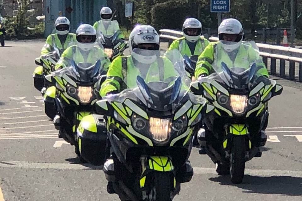 Image of DVSA motorcycle examiners riding new motorcycles