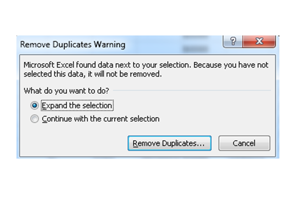 A 'Remove Duplicates Warning' box in Microsoft Excel.