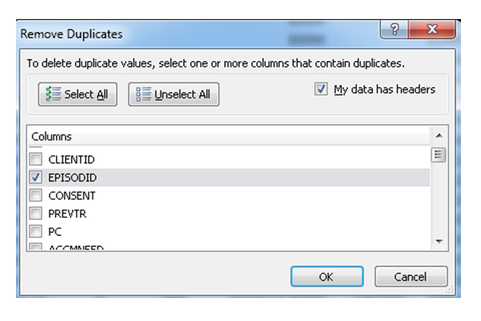 A 'Remove Duplicates' selection box in Microsoft Excel.