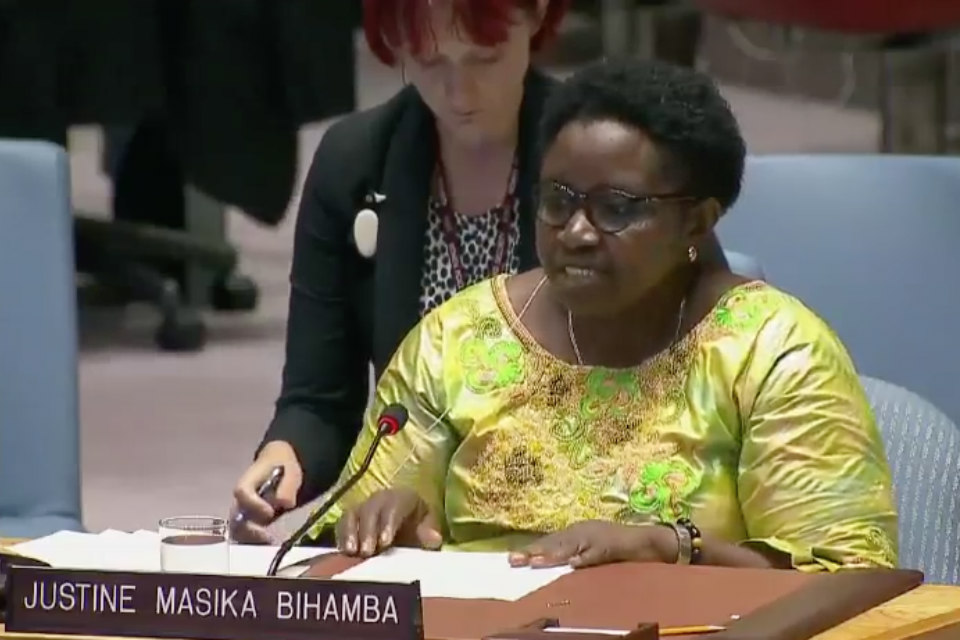 Justine Makisa Bihamba briefing the UN Security Council on women's peace and security in DRC.