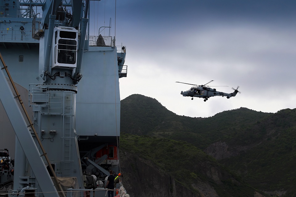 A Wildcat helicopter takes off from RFA Mounts Bay during the Humanitarian Relief and Disaster Relief Exercise 