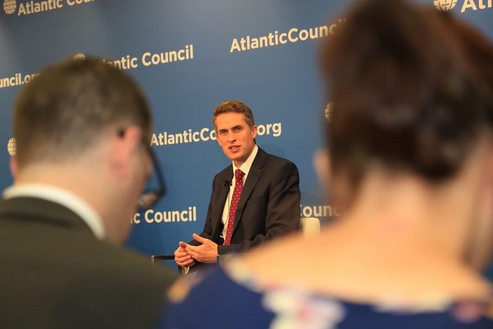 Defence Secretary Gavin Williamson speaking at the Atlantic Council