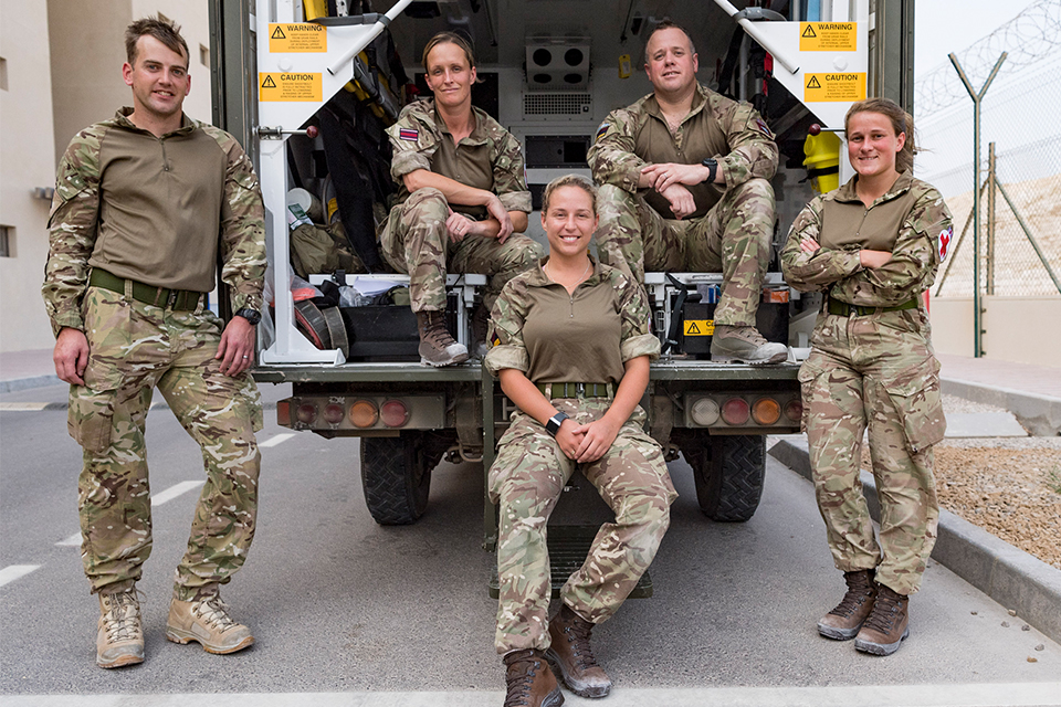 Members of the Joint Medical Group pose by their ambulance