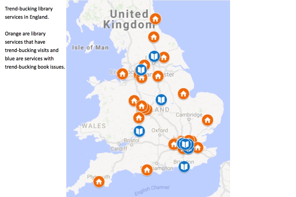 Map showing the trendbucking library services in England