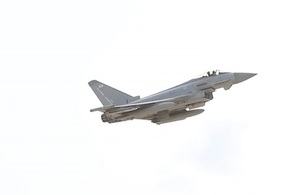 A Royal Air Force Typhoon takes off to interrupt a Russian maritime patrol aircraft’s path towards NATO airspace.