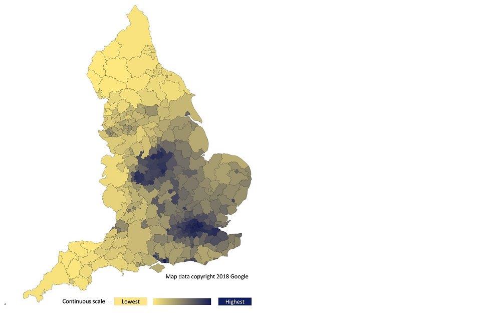 Figure 2: annual concentration of human-made population weighted fine particulate matter (PM2.5), by lower tier local authority, England, 2016
