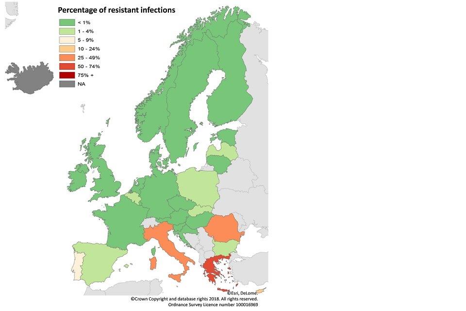 Figure 2: percentage of Klebsiella pneumoniae infections resistant to carbapenem antibiotics, Europe, 2016