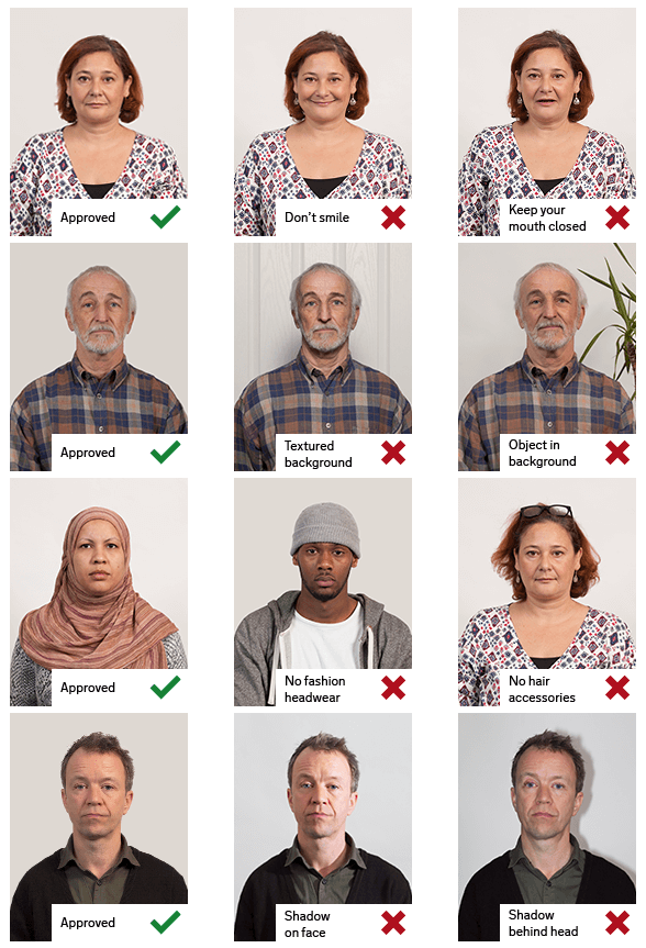 Examples of passport photos - described in text under the heading Rules for digital photos