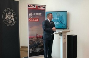 Liam Fox speaking at the Board of Trade in Coventry.