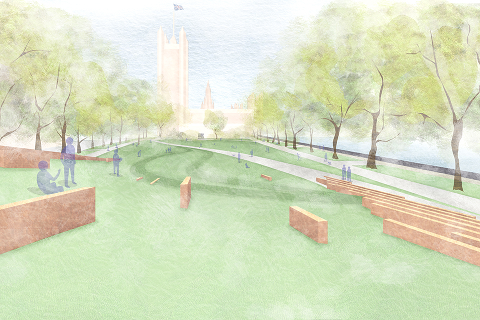 Artist's impression of the design for the memorial viewed from the hilltop, near Westminster