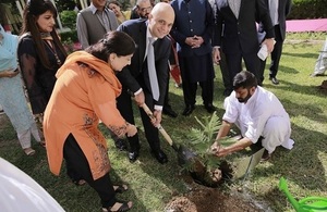 The British Home Secretary Sajid Javid planting a tree at Islamabad College for Girls