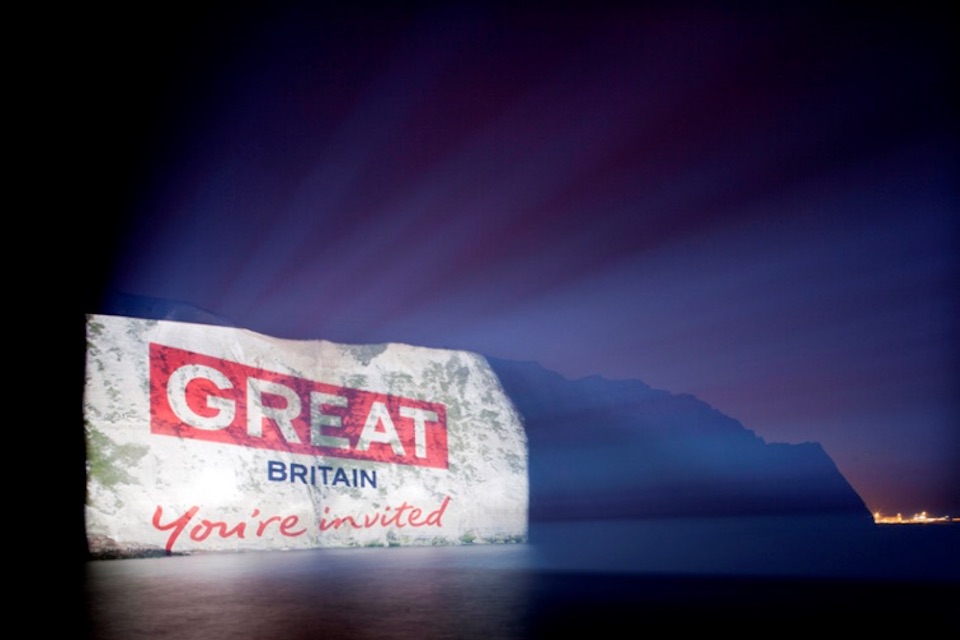 Welcome to GREAT Britain projected on the White Cliffs of Dover