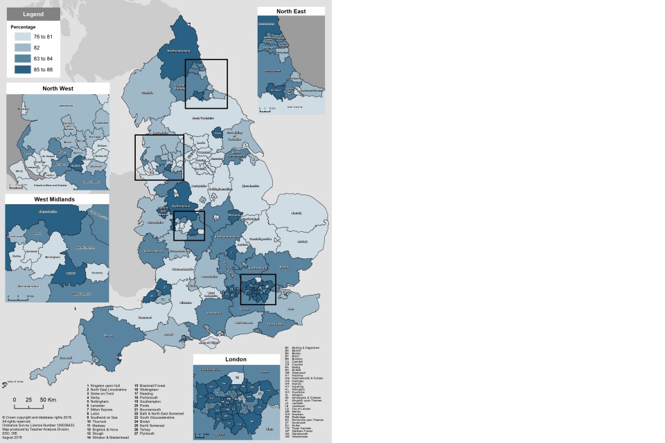 Phonics attainment in year 1 by local authority England, 2018 (All state-funded schools)