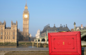 Budget box outside Parliament.