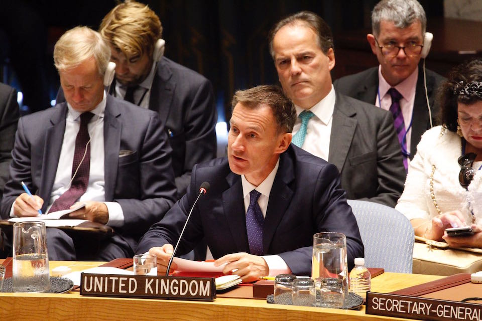 Foreign Secretary Jeremy Hunt giving a statement at the UN General Assembly about North Korea