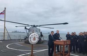 Defence Secretary Gavin Williamson speaking on HMS Montrose.