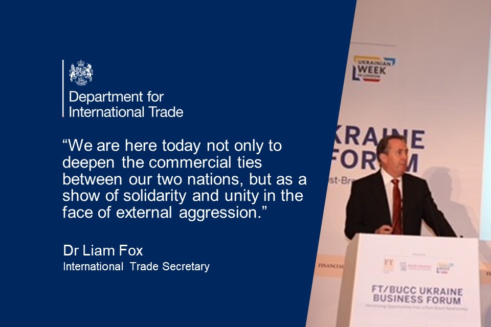 A quote card with a photo of Liam Fox addressing the businesses along with a DIT logo and a quote