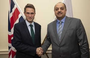 Defence Secretary Gavin Williamson shakes hands with His Excellency Khalid bin Mohammad Al Attiyah.