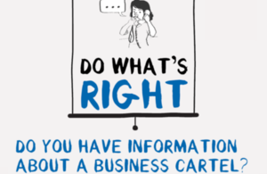 A woman blowing a whistle because she has witness cartel behaviour. The image says 'Do you have information about a business cartel? Do what's right.'