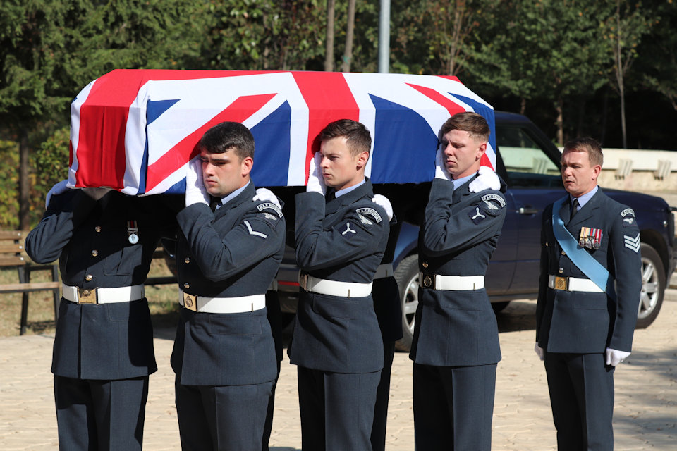 Members of the RAF Queen’s Colour Squadron prepare to carry the coffin, Crown Copyright, all rights reserved