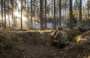 Sun streams through the fields of a Norwegian forest as a rifleman looks over a trench.
