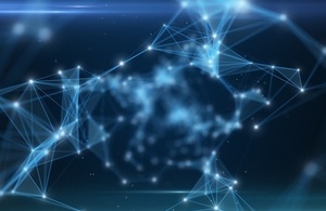 Inter-connected lines across a blue background