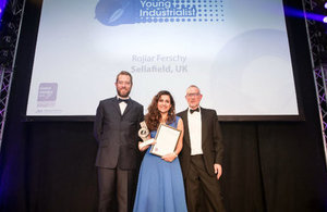 The ‘Young Industrialist Award’ went to Sellafield Ltd employee, Rojiar Ferschy (seen here with comedian Alun Cochrane and a representative from award sponsor, BakerHicks.)