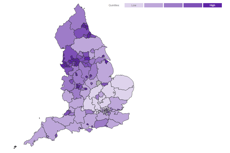Map showing mortality rate from alcoholic liver disease per 100,000 population for each upper tier local authority in England, shaded by mortality rate quintile, from low to high, for 2015 to 2017 (aggregated). 