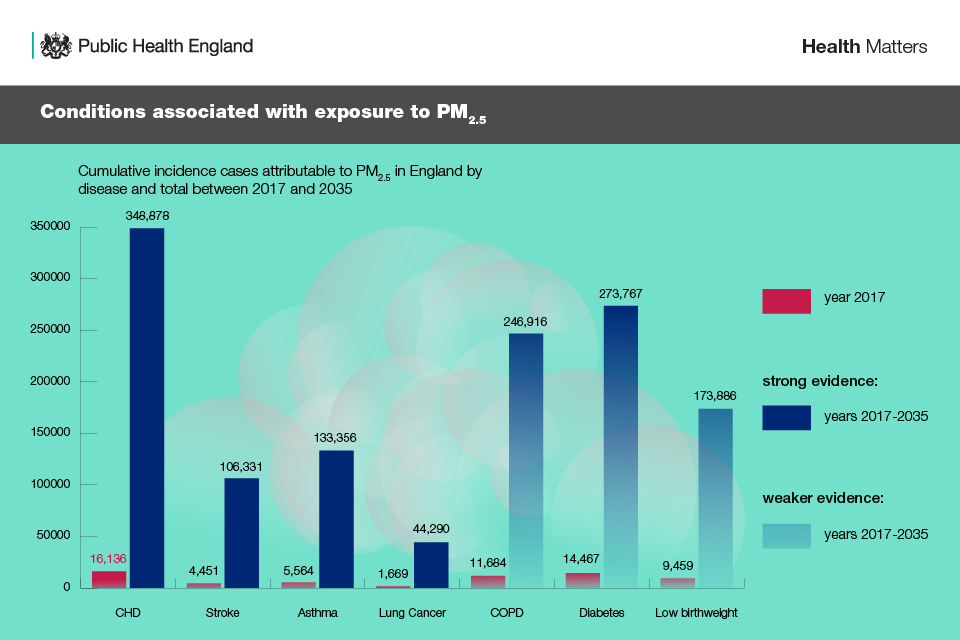 Infographic showing conditions linked with exposure to PM2.5