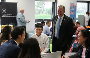 Liam Fox attends a National Trade Academy Programme event ahead of the Board of Trade meeting in Swansea