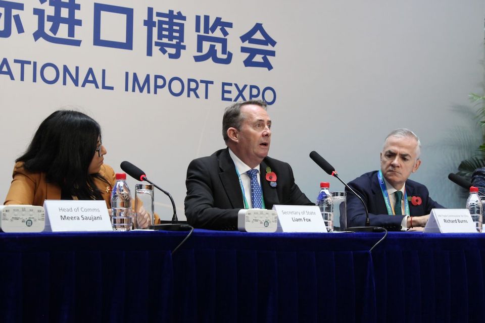 Liam Fox addresses international investors at the Chinese International Import Expo