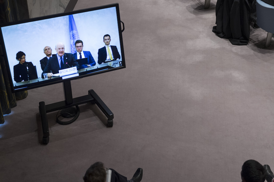Staffan de Mistura (centre on screen), UN Special Envoy for Syria, briefs the Security Council on the situation in the Middle East (Syria). (UN Photo)