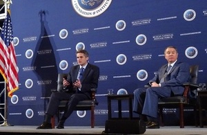 Defence Secretary Gavin Williamson speaks at the Reagan National Defense Forum, in California.